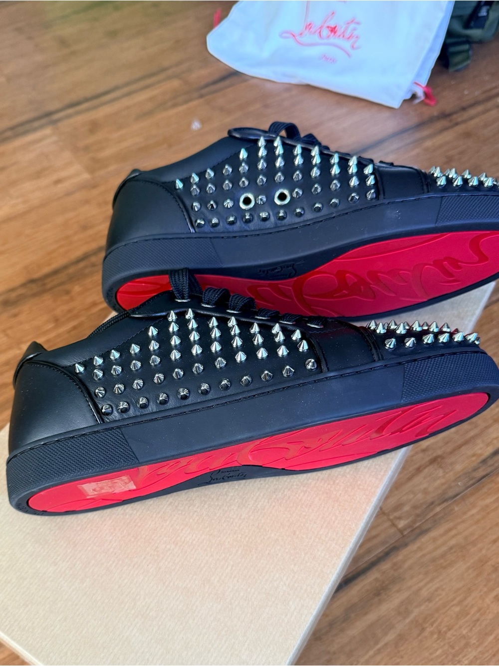 Christian Louboutin Black Leather Spike-Stud Low-Top Sneakers with Red Soles
